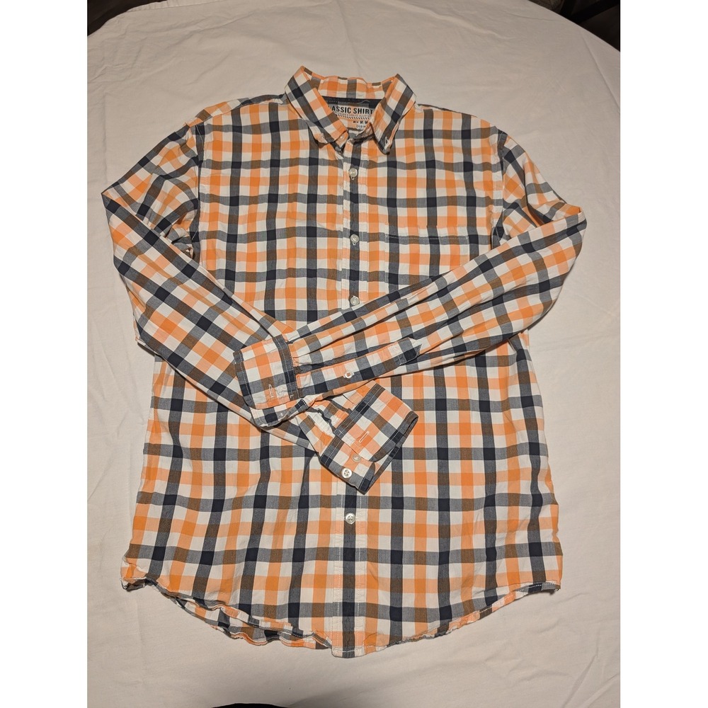 Old Navy Mens Slim Fit Plaid Button Down Classic Shirt Orange Navy Blue Size M